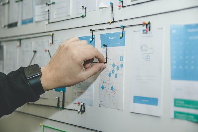 manually connecting the dots between process cards on whiteboard